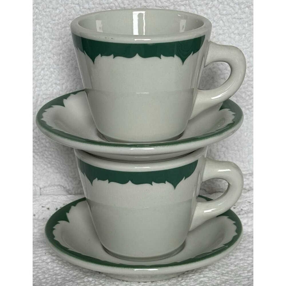 Vintage Shenango China Green Everglades Restaurant Ware Cups Saucers Set Of 2